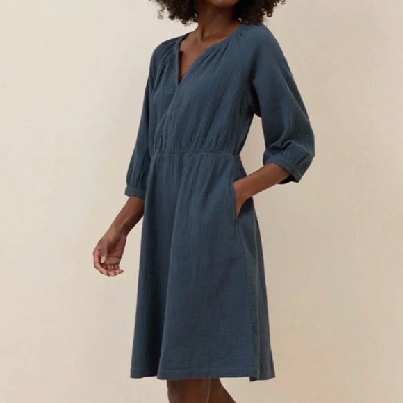 Pact Dresses & Skirts - Pact Organic Cotton Coastal Double Gauze Peasant French Navy Midi Dress Size XL